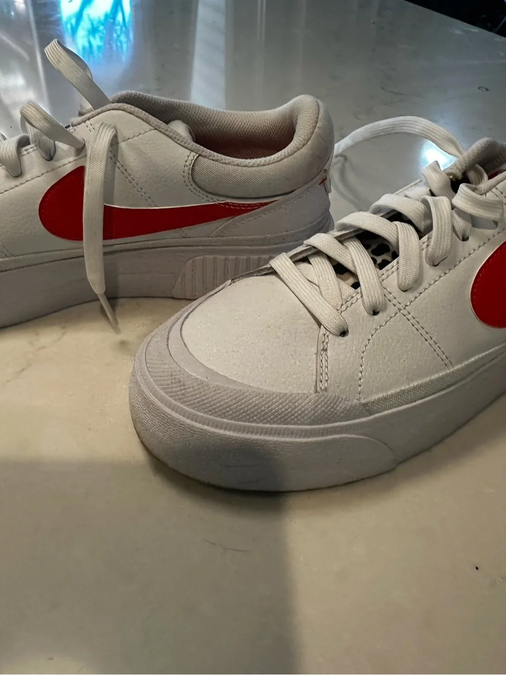 Nike White Low Platform Sneakers with Orange Swoosh and Leopard Accent size 8.5